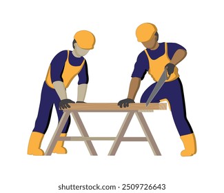 vector design of two male building construction workers in blue shirts with yellow helmets who are cutting wood using a saw