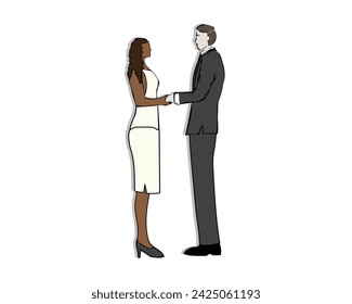 vector design of two men and a woman, the man is wearing a black suit and the woman is wearing a white shirt and skirt holding each other's hands while facing each other like a wedding photo