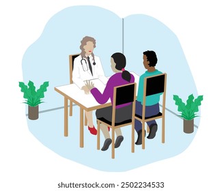 vector design of two men and women who are husband and wife communicating or consulting with a female doctor in a room with a table and two potted plants