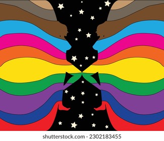 vector design of two silhouetted women who are in a sleeping position composed of various colors like a rainbow facing each other and in the middle the center is black and there are stars