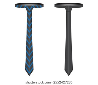 vector design of two ties that are usually worn by men, the first is a black tie with blue stripes and there is a plain black tie