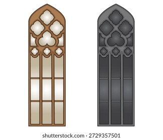 Diseño de Vector de dos ventanas en madera marrón y gris negro con un toque oscuro o gótico con muchos símbolos y agujeros en la parte superior de la ventana