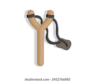 vector design of a two-pronged wooden slingshot with black rubber ties on each branch and dark brown rubber at the end for shooting at targets svg