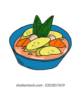 diseño vectorial de una comida típica indonesia llamada kolak que contiene bananas, calabazas con salsa hecha de leche de coco y azúcar este diseño es adecuado para ser utilizado como una imagen en un lugar para comer