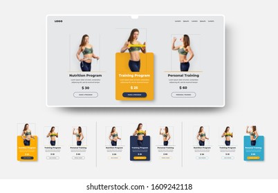 Vector design ui product card set for web site. Banner template for sport, tener or dietologist.