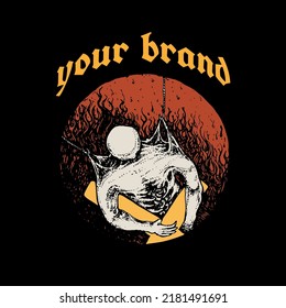 vector design for underground music merchandise, very unique. illustration of man burning in fire.