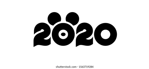 Vector design for the upcoming new year 2020. Beautiful and symbolic numbers. Inside one digit, there is a rat. He gnawed a hole and his nose is visible.