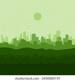 Diseño de Vector de fondo urbano y capas de suelo rocoso en color verde estilo. Conveniente para la página de aterrizaje, Fondo de pantalla, Anuncio y fondos de Web.