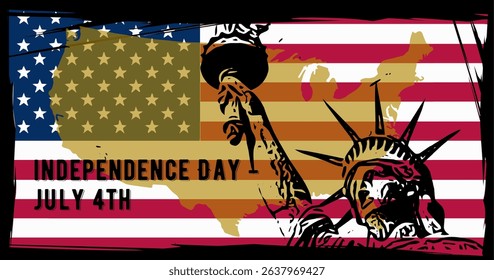 Vector design of USA Independence Day with Liberty, map of America, and national flag.