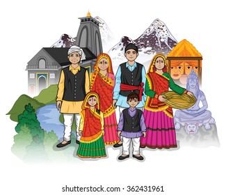 Diseño vectorial de la familia Uttarakhandi que muestra la cultura de Uttarakhand, India