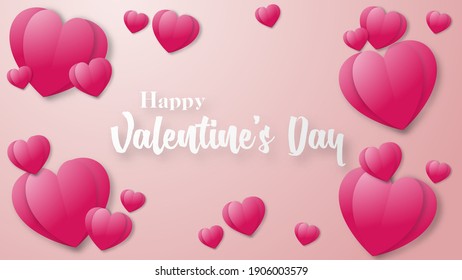 Vector design with valentine day theme on pink gradient background, heart shaped cut out paper style vector, and white sentences. Vector design for website banner, greeting card, flyer or poster. 