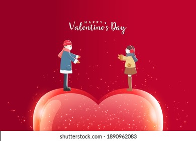 vector design of valentine's card with young couple wearing face mask