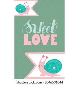 Vector design of valentine's day card. Pink snails with turquoise houses and hearts on the background of ribbons. Cartoon style image for printing postcards, t-shirts, cups and other souvenirs.