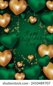 Vector. Design for Valentine's Day. Realistic 3d emerald green and gold gel balloons. Handwritten text. Template for wedding and party invitation, flyer, cover, social media post, banner, postcard.