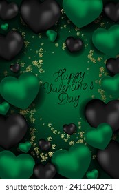 Vector. Design for Valentine's Day. Realistic 3d emerald green and black gel balloons. Handwritten text. Template for wedding and party invitation, flyer, cover, social media post, banner, postcard.