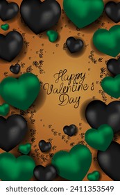 Vector. Design for Valentine's Day. Realistic 3d emerald green and black gel balloons. Handwritten text. Template for wedding and party invitation, flyer, cover, social media post, banner, postcard.