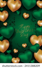 Vector. Diseño para el Día de San Valentín. Globos realistas de gel de esmeralda 3d y oro. Texto escrito a mano. Plantilla para invitación a boda y fiesta, volante, portada, publicación en medios sociales, banner, postal.