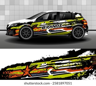 Vector design of van livery. Car sticker. Development of car design for company. Car branding. Set of graphic abstract light green and orange stripes on black shabby background for car, rally. 