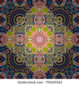 Vector design. A variety of shapes and floral elements. Seamless pattern abstract mandalas in blue, yellow and pink colors. For desktop, Wallpaper for, trance, meditation, serene paints combinations.