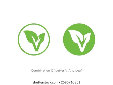 Vector design for vegetarian with initial letter V with green leaf combination