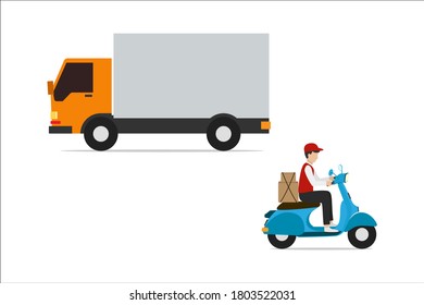 Vector design of vehicle for delivery of goods with box car and motorbike isolated on white background