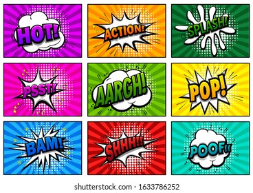 Vector design of vibrant comic pop art style expression chat and speech bubble burst