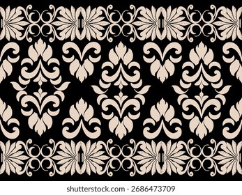 vetor Design, Vitoriano Damask Pattern, Creme, fundo preto, estilo Vintage luxo, Étnica Oriental, Tradicional, Aztec Abstract, para Superfície, Tecido, Vestuário, Têxteis e Decor Classic Seamless Pattern.