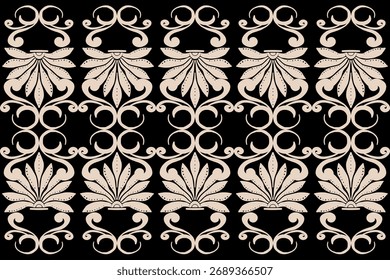 vector Design, Victorian Damask Pattern,Cream,Black background,Vintage style Luxury,Oriental Ethnic,Traditional,Aztec Abstract,for Surface,Fabric,Clothing,Textiles and Decor Classic Seamless Pattern.