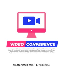 Vector design video conference concept, online course, distant education, internet group conference, work from home, easy communication, vector line icon online meeting work form home.