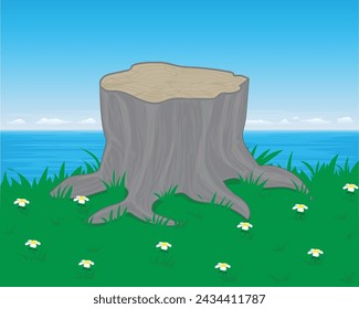 vector design of a view of the blue sky and sea with the appearance of a tree whose roots and trunk are half cut down and around it there is green grass and flowers