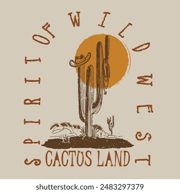 vector design of a view of a cactus tree in the desert with a cowboy hat on it