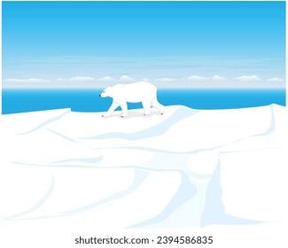 vector design of a view of ice at the poles with a background of bright blue cloudy sky and calm blue sea and a white polar bear walking across