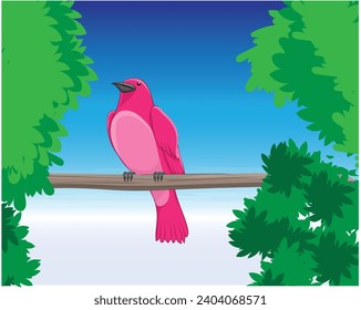 vector design of a view of a pink bird perched on a wooden branch surrounded by green tree leaves on a blue sky background