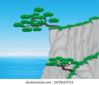vector design of a view of rocky cliffs and ocean and blue sky covered with green grass. There are also two trees at the top of the cliff and at the bottom.