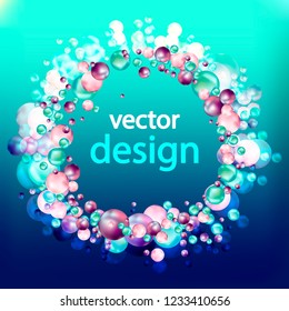 Vector design with vignette of colorful bubbles and space for text in the inside, on a background with blue gradient.