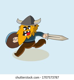 diseño vectorial de un vikingo que corre y sostiene una espada y un escudo
