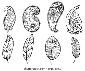 Vector design of vintage Mandala doodle elements. Flowers, paisleys and feather.
