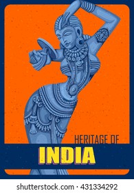Vector design of Vintage Poster of statue of Indian female sculpture engraved on stone