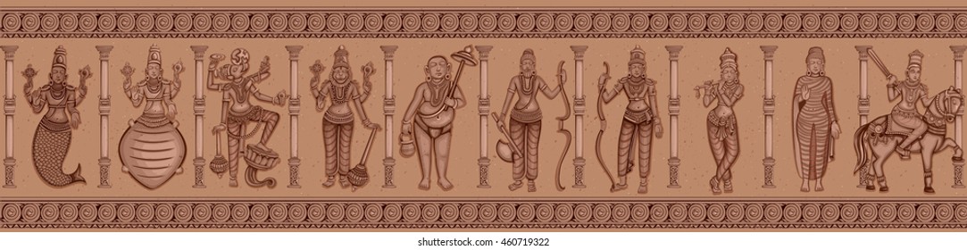 Vector design of Vintage statue of different avatara of Indian Lord Dashavatara of Vishnu sculpture engraved on stone