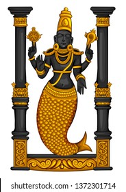 Vector design of Vintage statue of Indian Lord Matsya sculpture one of avatar from the Dashavatara of Vishnu engraved on stone