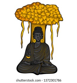 Vector design of Vintage statue of Indian Lord Buddha sculpture one of avatar from the Dashavatara of Vishnu engraved on stone