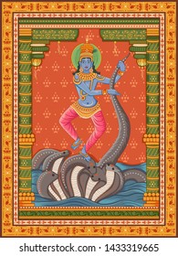 Vector design of Vintage statue of Indian God Krishna with vintage floral frame background