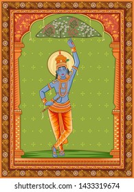 Vector design of Vintage statue of Indian God Krishna with vintage floral frame background