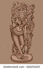 Vektordesign der Vintage Statue der indischen weiblichen Skulptur auf Stein graviert
