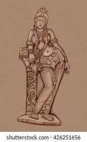 Vector design of Vintage statue of Indian female sculpture engraved on stone