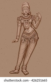 Vector design of Vintage statue of Indian female sculpture engraved on stone