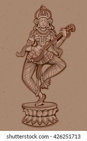 Vector design of Vintage statue of Indian Goddess Saraswati sculpture engraved on stone