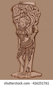 Vector design of Vintage statue of Indian female sculpture engraved on stone