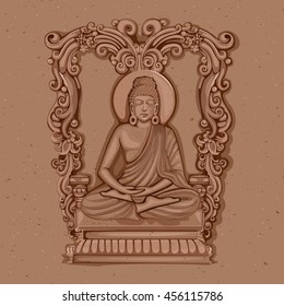 Vector design of Vintage statue of Indian Lord Buddha sculpture one of avatar from the Dashavatara of Vishnu engraved on stone