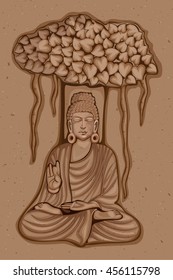 Vector design of Vintage statue of Indian Lord Buddha sculpture one of avatar from the Dashavatara of Vishnu engraved on stone